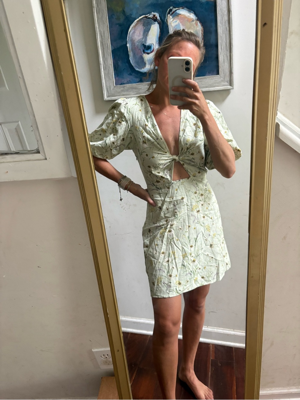 H&M Pale Green Floral Tie-Front Mini Dress